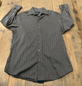 Material London Iron Free Men’s Long Sleeve Button Front Balck Striped Shirt L - Picture 1 of 9