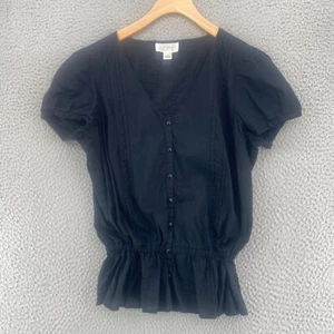 LOFT Top Womens 10 Black Pleated Button Up Cinched Waist Short Sleeves Blouse - Picture 1 of 10