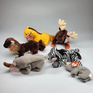 Lot Of 6 TY Beanie Babies Twigs, Runner, Zeus, Ziggy, Spike Rhino Giraffe Zebra - Picture 1 of 9