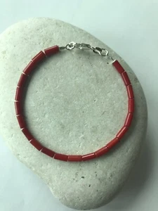 Red Coral 3x7mm Tubes - Women Bracelet - 925 Sterling Silver - Free P&P - Picture 1 of 3