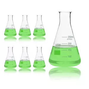 250Ml Erlenmeyer Flask Set, 6Pc Borosilicate 3.3 Glass W/ Graduation - Picture 1 of 12
