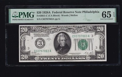 US 1928A $20 FRN Philadelphia Numeric '3' FR 2051-C PMG 65 EPQ (863) 1 -3 Consec - Image 1 of 2
