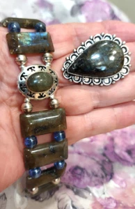 Sterling Silver Labradorite 7 1/2" Bracelet and Ring Size 9.75 - Picture 1 of 17