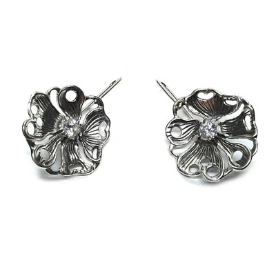 Sterling Silver Earrings Flowers On Hook With 5mm CZ Solid Stamped 925 Handmade - Image 1 of 4