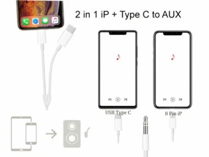 2 in 1 USB Type C 8  iPhone to 3.5mm Headphone Audio Jack Aux Mate Cable  - Imagen 1 de 2