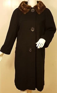 Vintage, Black, 100% Wool, Button-down Coat, Fox Fur Trim 1940s (Size Medium) - Picture 1 of 10