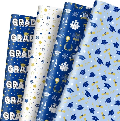 Graduation Wrapping Paper -Not Roll- Blue White Gold Gift Wrap Paper Folded Flat - Image 1 of 4