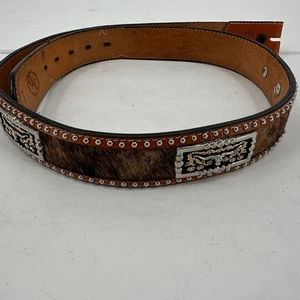 3D Mens Leather Western Belt Hide On Hair Cowboy Size 38 Hand Tooled Rodeo - Picture 1 of 6