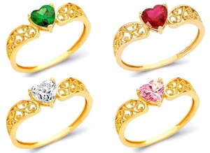 1/2 Ct Heart Cut Birthstone Created Diamond 14K Yellow Gold Green Pink Ruby Ring - Picture 1 of 13