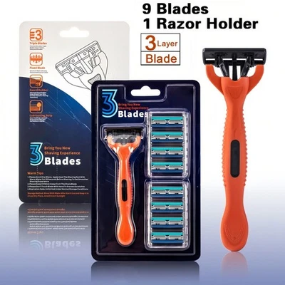 Men's Razor 3-Blades Shaving Safety Razor 1 Handle With 9 Cartridges Refills - Image 1 of 4