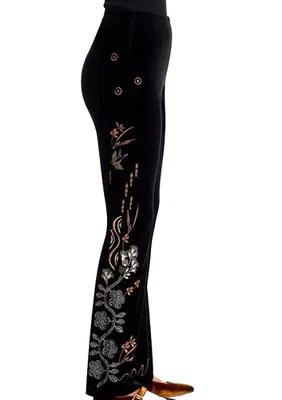 Stretch Velvet Slim Bootcut Embroidered Pants Leggings Black Size L ~NWT - Image 1 of 4