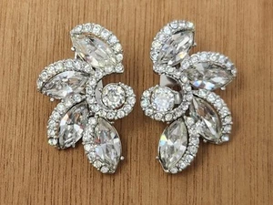 Signed Carnegie Clear Marquise Rhinestone Clip-on Vintage Earrings Rhodium 1.5" - Picture 1 of 14