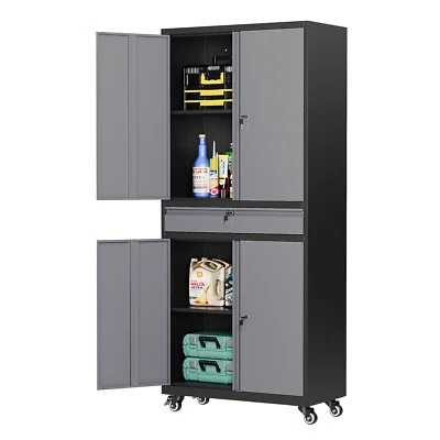 72" Metal Storage Cabinet Garage Tool Storage Cabinets w/pegboard Wheels 4 Doors - Image 1 of 4