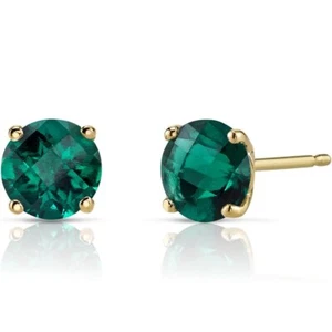Peora 14 K Yellow Gold Created Emerald Round Earrings for Women 1.50 Carats - Picture 1 of 5