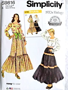 Blusa Simplicity 9816 Vintage Retro Años 70 Estilo Campesino, Falda Patrón Coser S-XL - Imagen 1 de 5