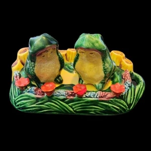 Vintage Frogs On Lily Pad 3 Pc Ceramic Salt Pepper Shakers Tray Set Japan 4.5" - Picture 1 of 24