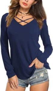 Autumn Woman's Top Shirts with Long Sleeve Criss Cross V Neck - Picture 1 of 55