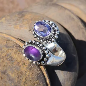 Faceted Amethyst & Amethyst Gemstone 925 Sterling Silver Ring Festival Jewelry - Picture 1 of 7