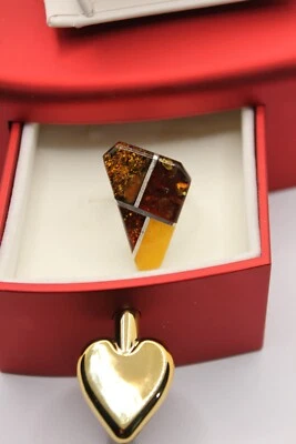 ANELLO ARGENTO AMBRA NATURALE TRIANGOLARE MM 29X23 MIS 14 GR.9,1 EXPLOIT - Immagine 1 di 4