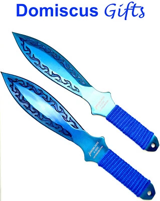 9" NEW AEROBLADES 2 Pc. Blue Fire THROWING KNIVES Throw Knife Set Hunting Blades - Image 1 of 4