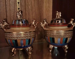Vintage Hand Painted Pot Pourri/Incense Porcelain Foo Dog Lid Caskets From Japan - Picture 1 of 12