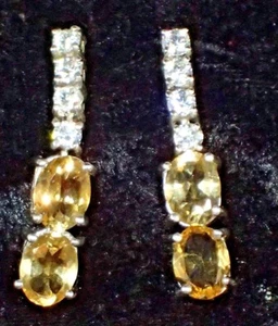 NATURA YELLOW CITRINE, WHITE CZ 925 STERLING 14K GOLD PLATED STUD EARRINGS #84 - Picture 1 of 2