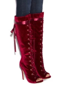 Aurore by SHOEDAZZLE, Bordeaux velvet ribbon Superhero peep knee boots, SZ 7.5 - Picture 1 of 5