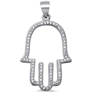 Trendy! Cubic Zirconia Hand of Hamsa .925 Sterling Silver Pendant 1.4" - Picture 1 of 2