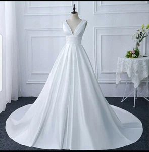 UK Vintage White/ivory Bridal Satin V Neck Corset Back Wedding Dresses Size 6-20 - Picture 1 of 4
