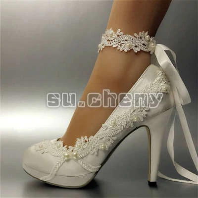 su.cheny 3" 4" heel satin white ivory lace ribbon close toe Wedding Bridal shoes - Image 1 of 4