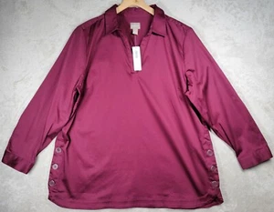 Chico's Blouse Top Sz 3 Plum Button On Side Monrovia Long Sleeves VNeck Collar - Picture 1 of 23