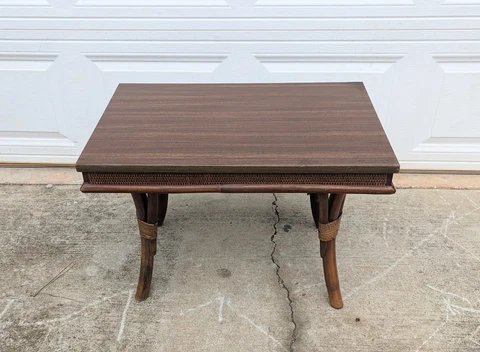 BAM-TAN 1960's Rattan edged laminate topped Side / Accent Table ~ Tiki BoHo Cover
