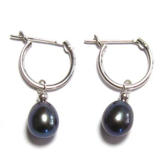 AAA Genuine Black Pearl 14K White Gold 15mm Click Hoop Earrings - Image 1 of 1