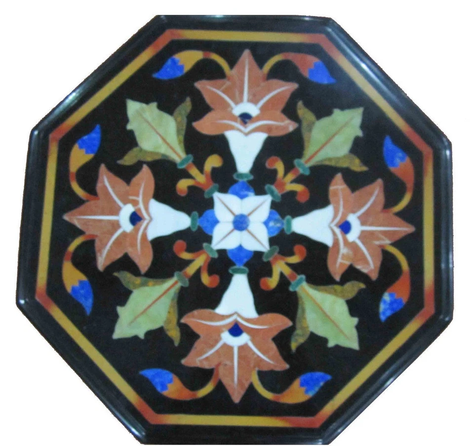 18" black Marble Table Top Precious stones Inlay handmade art Work - Image 1 of 1