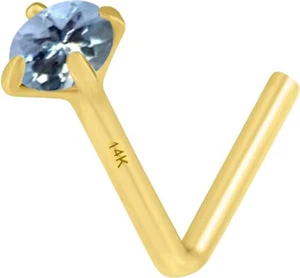 14K Solid Gold Nose Ring 20 Gauge Natural Swiss Blue Topaz Round Shape - Picture 1 of 7