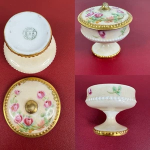 Limoges Round Trinket Box Pedestal Stand & Lid Handpainted Pink Roses Gold Trim - Picture 1 of 21