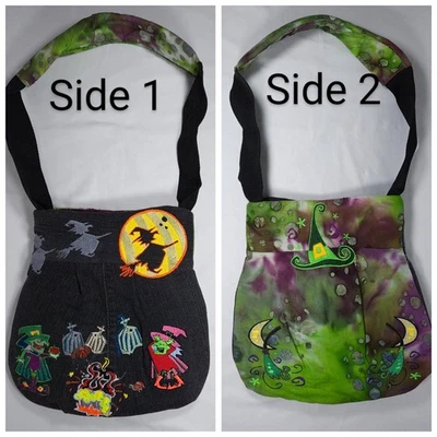 Bolsa tote de ombro feminina feita à mão bordada de Halloween denim verde roxo - Imagem 1 de 4