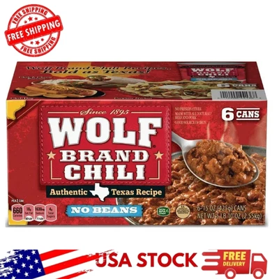 Latas de chile sin frijoles Wolf Brand de 15 oz - Paquete de 6 - Auténtico chile de carne estilo Texas Foto 1 de 4