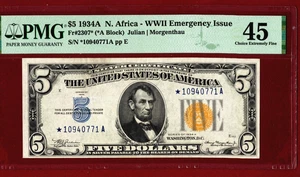 1934 A  $5   S/C   NORTH AFRICA   🌟 WWII   STAR NOTE 🌟 Fr-2307*  PMG 45 - Picture 1 of 6