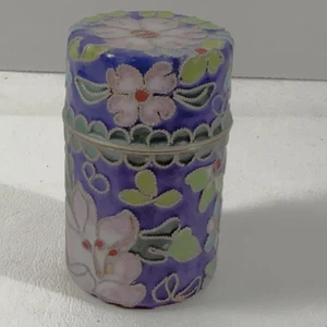 "Caja de palillo de dientes/baratija cilíndrica cloisonné chino esmalte azul floral de 3"" de alto" - Imagen 1 de 4