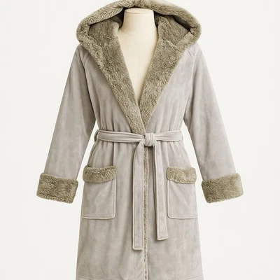 Bata de felpa Pottery Barn para mujer con capucha grande gris con ribete de piel sintética y cinturón acogedora Foto 1 de 4