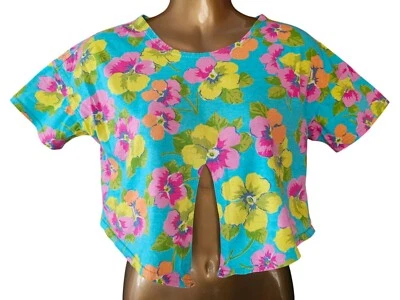 Top corto floral vintage AQUASUIT algodón turquesa y rosa estampado floral talla 42 Foto 1 de 4
