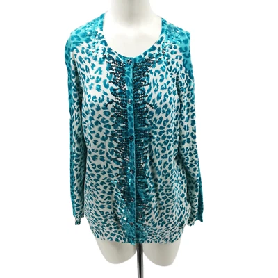 Quacker Factory Blue Leopard Print Sequin Lightweight Cardigan Sweater Size S - Image 1 of 4