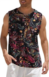 Men's Cotton Linen Tank Top Shirts Casual Sleeveless Renaissance Pirate Tunic - Picture 1 of 6