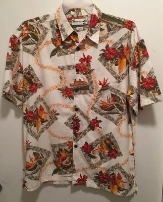 EUC Mens Retro Robert Stock Hawaiian Hula Girl Hibiscus Leis Floral Camp Shirt L — 第 1/4 张图片