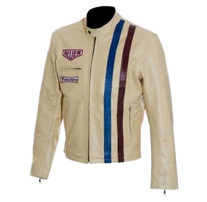 Men’s Steve McQueen Le Mans Heuer Racing Biker Motorcycle Leather Jacket - Picture 1 of 3