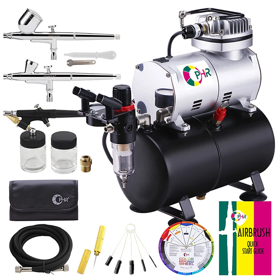 OPHIR Airbrush Kit Air Compressor with Tank for Model Hobby Crafts 3 Airbrushes