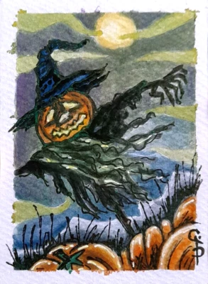ACEO Halloween Painitng Scarecrow Spooky Pumpkin Original Watercolor Art card - Image 1 of 3