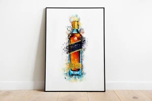 Watercolour Splash Blue Label Whisky Bottle Print A3 A2 Maxi Wall Art Decor 5156 - Picture 1 of 1