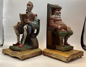 Vtg Don Quixote & Sancho Panza Carved & Painted Wood Bookends - Picture 1 of 16